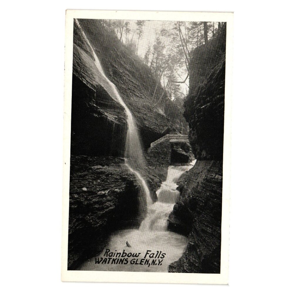 Rainbow Falls Watkins Glen NY Black White Vintage Postcard Published Green Star
